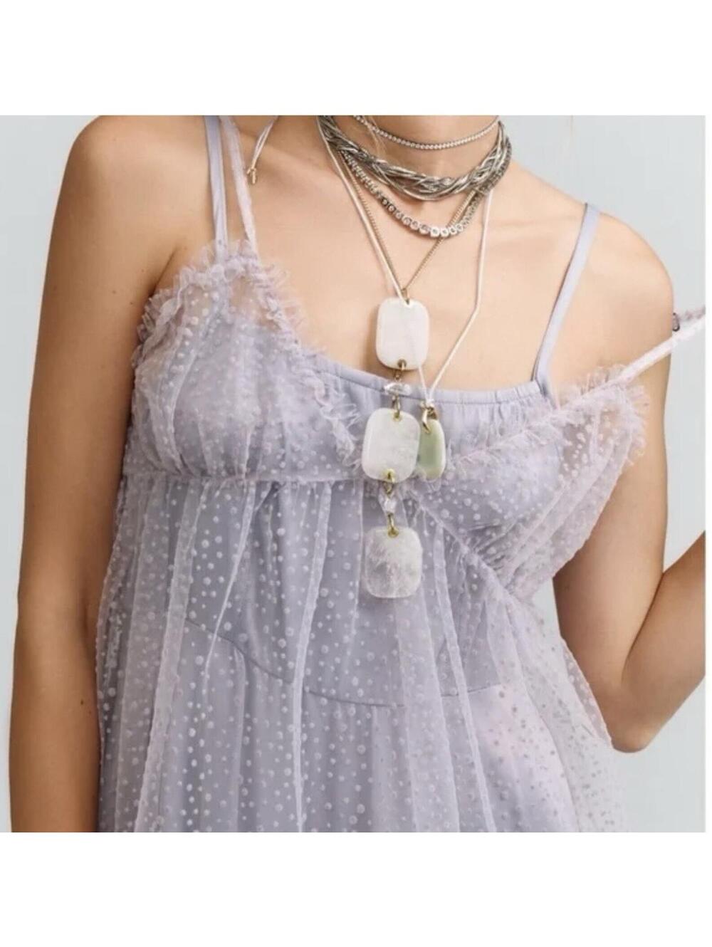 NEW Anthropologie Sheer Dot Tulle Slip Dress Tiered V-neck Lavender - Size M $88